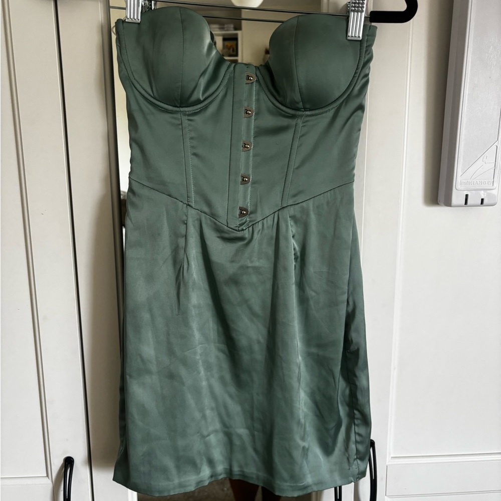 Oh Polly Teal Green Strapless Bustier Bodycon Dress